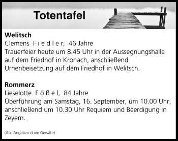 Anzeige von Totentafel vom 15.09.2017 von MGO