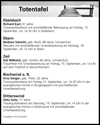 Anzeige von Totentafel vom 15.09.2017 von MGO