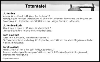 Anzeige von Totentafel vom 19.09.2017 von MGO