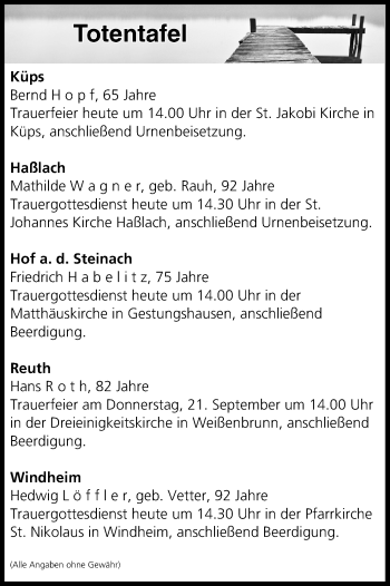 Anzeige von Totentafel vom 19.09.2017 von MGO