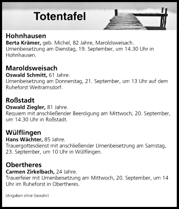 Anzeige von Totentafel vom 19.09.2017 von MGO