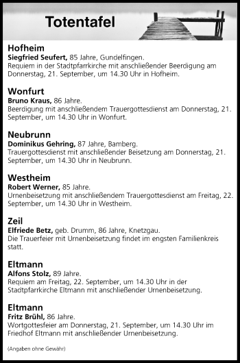 Anzeige von Totentafel vom 20.09.2017 von MGO