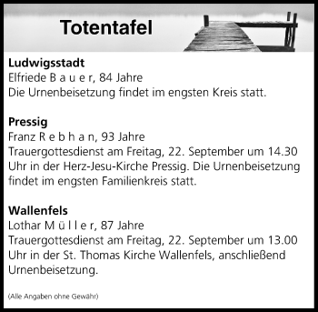 Anzeige von Totentafel vom 21.09.2017 von MGO