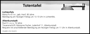 Anzeige von Totentafel vom 22.09.2017 von MGO