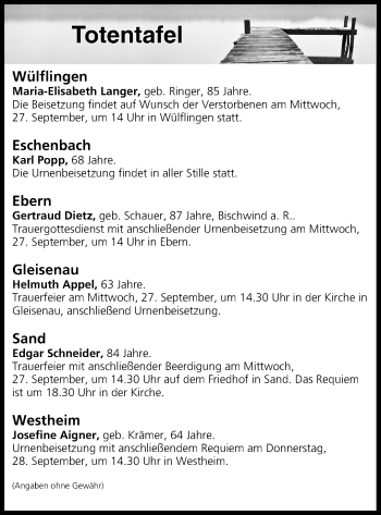 Anzeige von Totentafel vom 26.09.2017 von MGO