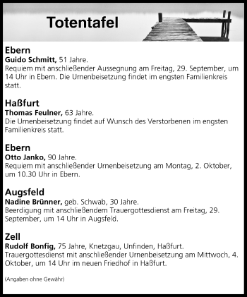 Anzeige von Totentafel vom 29.09.2017 von MGO