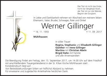Anzeige von Werner Gillinger von MGO