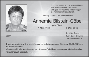 Anzeige von Annemie Bilstein-Göbel von MGO