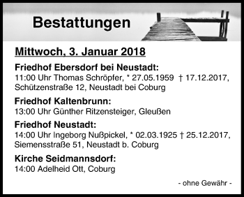 Anzeige von Bestattungen vom 03.01.2018 von MGO