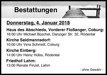 Anzeige von Bestattungen vom 04.01.2018 von MGO