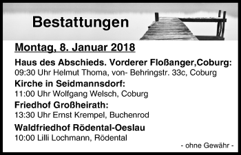 Anzeige von Bestattungen vom 08.01.2018 von MGO