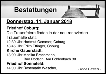 Anzeige von Bestattungen vom 11.01.2018 von MGO