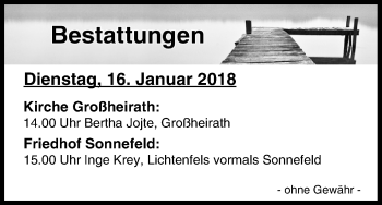 Anzeige von Bestattungen vom 16.01.2018 von MGO