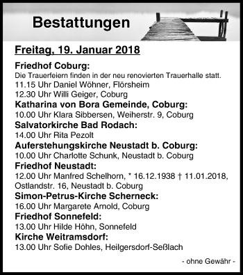 Anzeige von Bestattungen vom 19.01.2018 von MGO