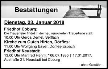 Anzeige von Bestattungen vom 23.01.2018 von MGO