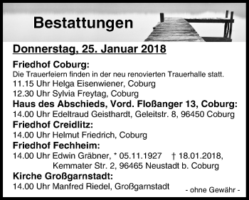 Anzeige von Bestattungen vom 25.01.2018 von MGO