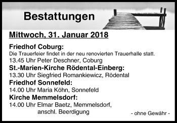 Anzeige von Bestattungen vom 31.01.2018 von MGO