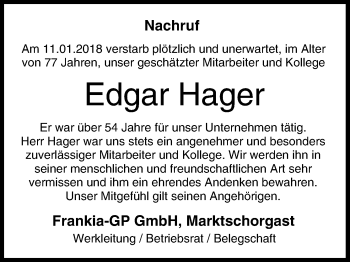 Anzeige von Edgar Hager von MGO
