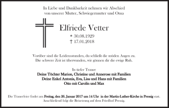 Anzeige von Elfriede Vetter von MGO