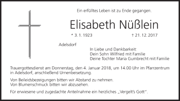 Anzeige von Elisabeth Nüßlein von MGO