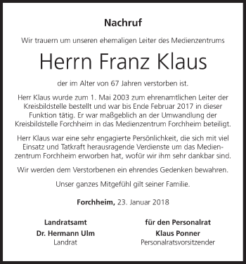 Anzeige von Franz Klaus von MGO