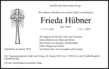 Anzeige von Frieda Hübner von MGO