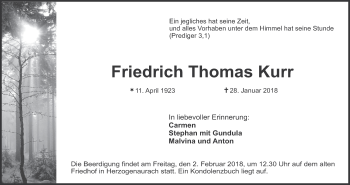 Anzeige von Friedrich Thomas Kurr von MGO