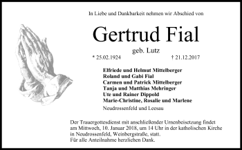 Anzeige von Gertrud Fial von MGO