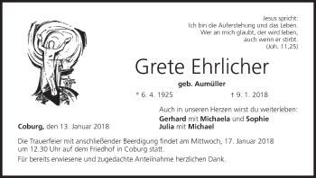 Anzeige von Grete Ehrlicher von MGO