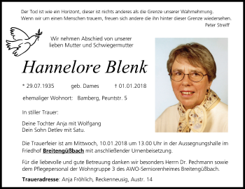 Anzeige von Hannelore Blenk von MGO