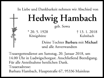 Anzeige von Hedwig Hambach von MGO