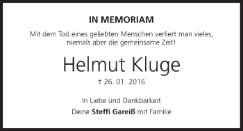 Anzeige von Helmut Kluge von MGO
