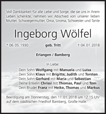 Anzeige von Ingeborg Wölfel von MGO