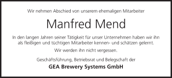 Anzeige von Manfred Mend von MGO