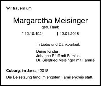 Anzeige von Margaretha Meisinger von MGO