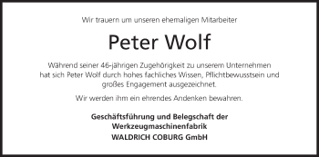 Anzeige von Peter Wolf von MGO