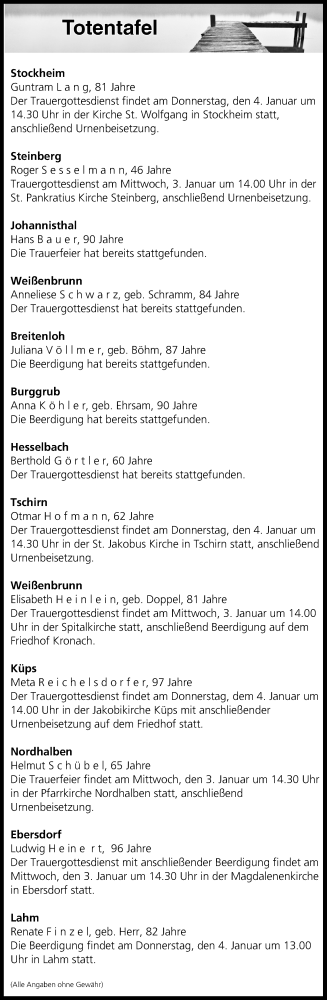Anzeige von Totentafel vom 03.01.2018 von MGO