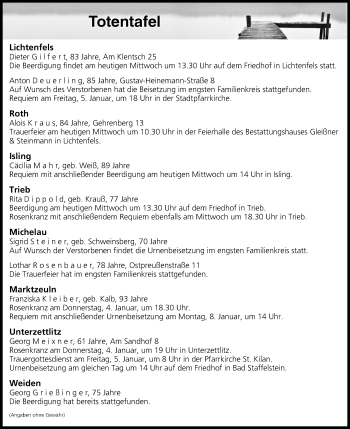 Anzeige von Totentafel vom 03.01.2018 von MGO