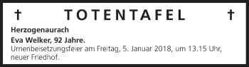 Anzeige von Totentafel vom 03.01.2018 von MGO