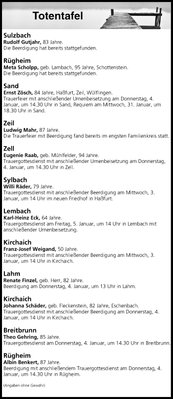 Anzeige von Totentafel vom 03.01.2018 von MGO