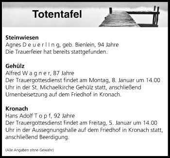 Anzeige von Totentafel vom 05.01.2018 von MGO