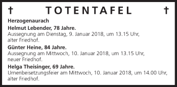 Anzeige von Totentafel vom 08.01.2018 von MGO