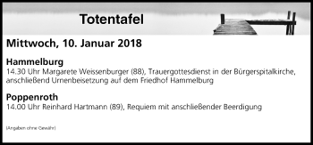 Anzeige von Totentafel vom 10.01.2018 von MGO