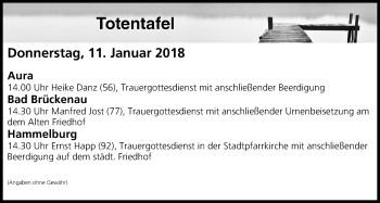 Anzeige von Totentafel vom 11.01.2018 von MGO