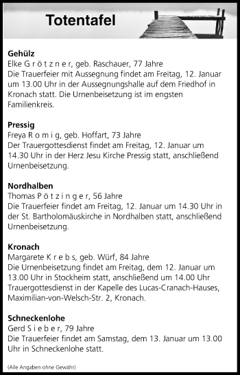 Anzeige von Totentafel vom 11.01.2018 von MGO