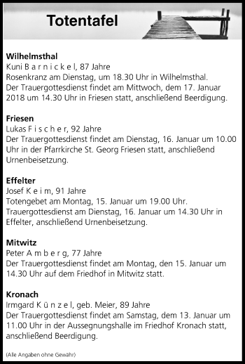 Anzeige von Totentafel vom 13.01.2018 von MGO