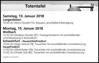 Anzeige von Totentafel vom 13.01.2018 von MGO