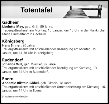 Anzeige von Totentafel vom 13.01.2018 von MGO