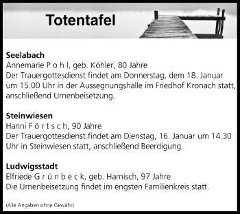 Anzeige von Totentafel vom 16.01.2018 von MGO