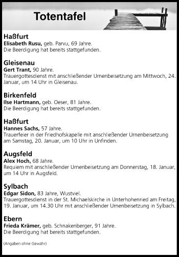 Anzeige von Totentafel vom 16.01.2018 von MGO